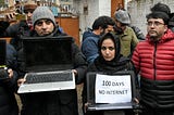 Kashmiri journalists protest against the continuous internet blockade for the 100th day outside of the Kashmir press club.