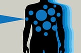 Silhouette of a person’s chest, torso, and abdomen. Blue dots cover its chest, and a skinny triangle is coming out of one