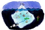 A stylized iceberg floats in the ocean, with two business-suited figures shaking hands at its small, visible peak. Below the water’s surface, the much larger submerged portion features whimsical scenes — a dancing pair, a deer, a castle, a couple with children, an orca, a mermaid, an owl in flight, and small fish — suggesting a hidden world under the waves.