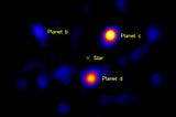 Direct image of exoplanets around the star HR8799 using a Vortex coronagraph on a 1.5m portion of the Hale telescope. Credit: NASA/JPL-Caltech/Palomar Observatory