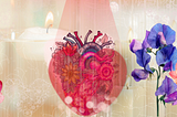 A decorative illustration showing an anatomical heart in the center with flowers growing from it. The heart is pink and semi-transparent with detailed floral patterns inside. A lit candle with a glowing flame sits at the top left. Purple irises are positioned on the right side, pink and coral freesias on the left and lower right. The background features pale botanical line drawings of leaves and stems. The overall color palette includes soft reds, pinks, purples, corals, and cream tones.