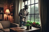 Dark atmospheric horror scene with zombie in tattered suit standing by rain-streaked window in cozy wood-paneled room. Interior features brass table lamp, brown couch, bookshelf, and potted plants on windowsill. Moody lighting contrasts warm interior with gray rainy day outside, creating eerie juxtaposition between domestic comfort and undead horror. Digital art in cinematic style.