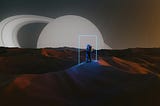 Lone astronaut standing on a distant planet with a Saturn-like planet rising in the background