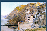 An impressionist view of the Italian coastal village of Riomaggiore, painted in shades of ochre by Telemaco Signorini. 1892.