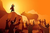 Moses holding up a tablet before a crown worshipping the golden calf.