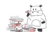 Two stacks of books, pencil drawn in black and red right next to an anthropomorphized cartoon hippopotamus who looks at a red butterfly.
