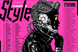 Two-page spread from Cy_Borg. Mostly black text and image on hot pink background. Features a feminine person silhouetted against background, wearing a jacket with a high collar and small spikes on the back, with heavy cybernetics around their ears and jawline, with yellow eyes and a short boyish hairdo. The word “Style” is at the top right, and both pages have d100 tables of styles and personality features in smaller black text.