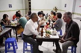 President Barack Obama eating with Anthony Bourdain in Hanoi, Vietnam in 2016