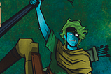 A blue-skinned Ranger hangs from a tree. He wears green brown clothes, with a bow in his left hand and a quiver of arrows strapped to his back.