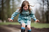 A girl in rubber boots jumping in a mud puddle
