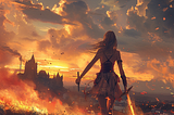 A woman in a skirt and boots, armed with a knife and a flaming sword, walking away into a red sky and a fiery terrain