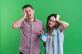 Parent and daughter in front of a green background. They both wear casual clothing. The parent is a man and holds one hand to his face. He groans and is obviously uncomfortable with the situation. The teenage daughter holds a clock, holding her head as well, but she is more ponderous, as if trying to get something out of this situation