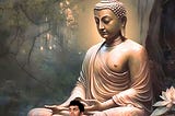 An illustration of the author meditating at the feet of a Bronze Buddha in nature