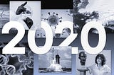 Collage of DNA, SpaceX launch, a scientist drawing up a syringe, the Covid molecule, and a woman scientist + the text “2020"