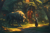 An old woman and a white dire wolf stand in front of a cozy cottage in the woods.