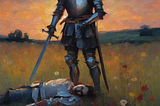 A prince lies dead in a meadow at the feet of an armored knight.