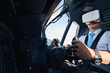 Photo of a pilot with VR googles on in the cockpit.