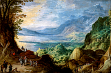 A painting showing people traveling on foot and on horseback in the foreground, with the landscape unfolding into trees, the sea and a harbor, and mountains rising in the far distance.