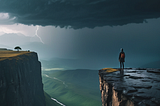 A hiker standing on the edge of a large cliff overlooking a valley with a rain storm in the distance.
