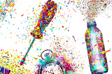 Illustration of a lightbulb, screwdriver, binderclip, pocketwatch, and waterbottle all exploding into painted confetti