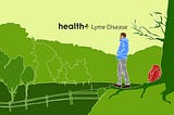 Illustration of a man overlooking trees from a hill. At the center is the title “health+ Lyme Disease.”