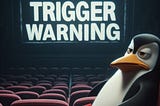 A cartoon penguin sits in an empty cinema gazing directly to the audience with an annoyed ‘tired of this’ expression. Displayed on the cinema screen behind the Penguin are the words ‘Trigger Warning’ in bold white font.