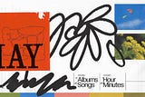 A header graphic divided in to horizontal sections. The top section features two photos in the top right corner. One is of a blue sky with a colorful dog kite, and the other is a close-up shot of yellow wildflowers. There is a large, simple, brushstroke graphic of a wilting flower taking over the full image. There is a red printed piece of paper with the word “MAY” in all caps that is overlapping the image like a sticker.