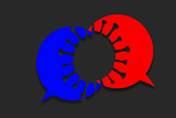 Overlapping red and blue speech bubbles with a coronavirus-shaped cutout over the overlap.