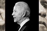 A picture of Barack Obama’s face split in half, each on either side of a photo of Joe Biden.