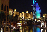 Night view of Burj al Arab Hotel from the Madinat Jumeirah in Dubai, UAE