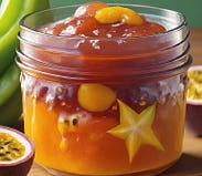 Tropical Fusion Jam containing figs, guava, passion fruit, and star fruit