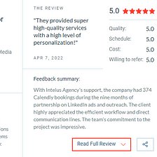 Intelus Agency Obtains Another 5-Star Feedback for LinkedIn Outreach Project
