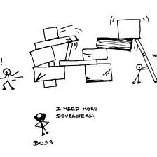 A cartoon of loosely held blocks which are held by stick figures from collapsing