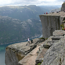 Tourists at Preikestolen above Lysefjord, Norway