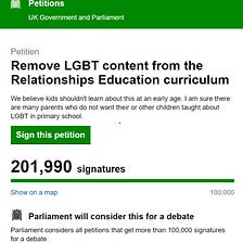 UK parliamentary petition to Remove LGBT content from the Relationships Education curriculum.