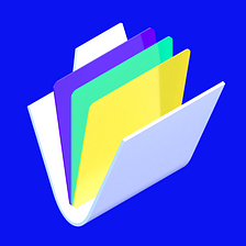 A 3D image of a file folder with purple, yellow and green color rectangles for pages