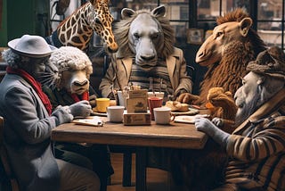A photo of a group of animals having a conversation at a table in a cafe
