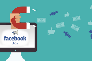 A computer (FB ads) + hand holding a magnet coming out of it, attracting messages, people and thumbs-up “likes” towards it