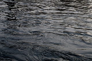 A close-up shot of a river Sava in the evening coloured by shades of black while catching the last rays of light.