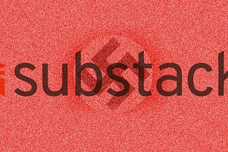 The logo for Substack on a faded, pixelated red background with a swastika in the center.