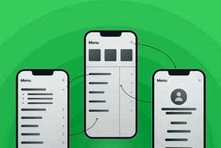 Three mobile screens illustrating different navigation menu layouts, from expandable lists to grid-based and profile views.