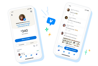 Image showing two phone illustrations: one the Venmo profile screen, the other a social transactions screen.