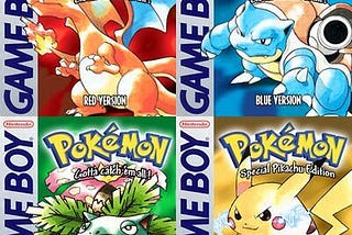 A picture of the boxarts for Pokemon Red, Blue, Green, and Yellow versions.