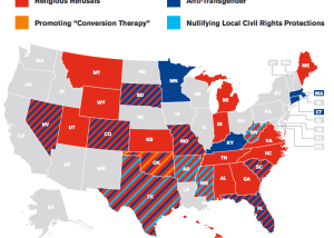 Map of "religious freedom", "conversion therapy", and anti-trans laws, as well as civil rights preemption laws, as of late 2015. (c) Human Rights Campaign.