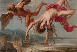 A painting of Icarus falling from the sky while his father Daedalus, who is flying beside him, watches in horror.