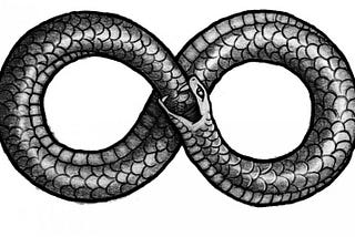 An ouroboros which is a circular symbol depicting a snake swallowing its tail against a white background
