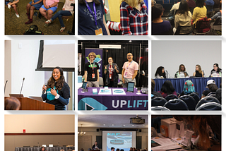 Photos of Uplift volunteers and staff speaking at LeakyCon and NerdCon, at the exhibitor hall at VidCon and LeakyCon, and filming Engage by Uplift.