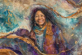Artistic image of a woman in outdoor travel-wear with a mountain behind and energetic paint strokes in the air.