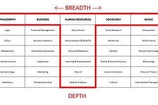 A screenshot of a graph illustrating a “T” shaped skills matrix for a Human Resources practitioner