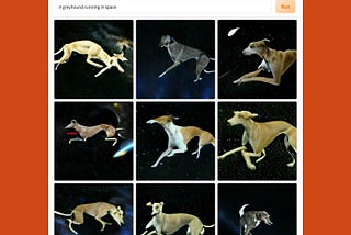 Dall-E Mini Generation of a greyhound running in space